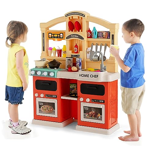 DREAMADE Cuisine Enfant de 42 Pièces avec Effets de Vapeur & Cuisson, Jeu de Cuisine avec Évier & Robinet & Plaque de Cuisson & Four, Effets Sonores &...