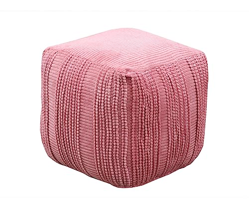 Iconic Home Dinesh Ottoman Cotton Upholstered Striped Pattern Woven Vertical Bands Square Pouf Modern Transitional, 18X18X18, Blush #TOP3