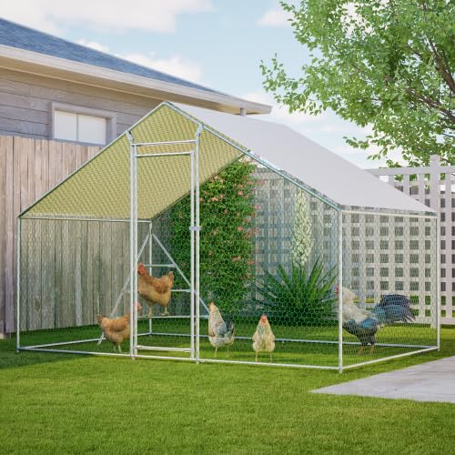 Gallinero de 3 x 2 x 2 m de acero galvanizado, con estructura de escalada y escalera, techo de polietileno impermeable y cerradura de seguridad, pajarera para pollos, conejos, conejos, patos