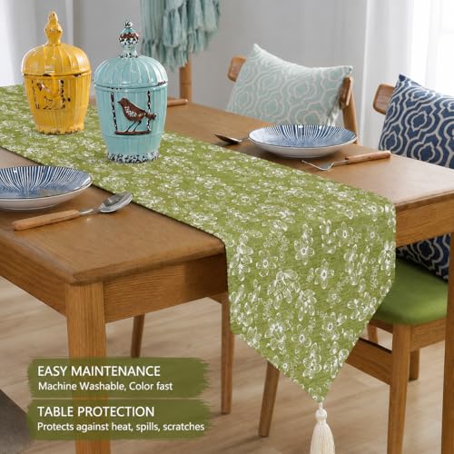 Image of STITCHNEST Woven Table Runner 13x60 Inches | Green Floral Design | Tassel Finish | Modern Dining Table Decor