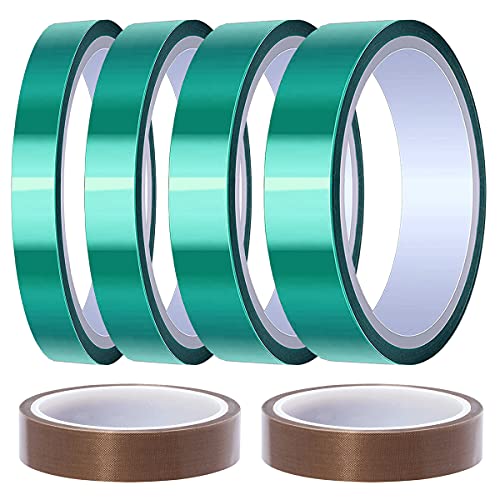 Image of DAOKI 4 Rolls Polyester High Temp Tape Green PET Tape 8 /12 /20 /25mm x 33m(108ft) Silicone Adhesive Tape for Masking, Circuit Boards with 2 Rolls 15mm x 10m(33ft) Teflon Tape