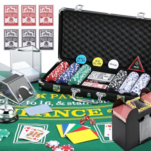 NEWTRY Blackjack Set Complete Black Jack Set with Card Shuffler 300pcs Chips Poker Mat Card Shoe Chip Rake Discard Tray 8 Playing Cards Bell Dice Cut Cards and 4 Buttons for Party Game Night