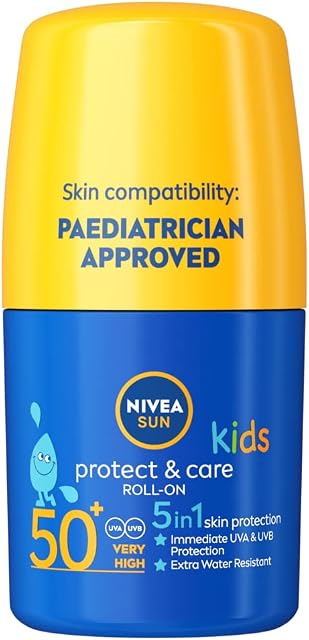 NIVEA SUN Kids Protect & Care Caring Roll-On (50 ml) Sunscreen with SPF 50, Roll-On Kids Suncream for Delicate Skin, Immediately Protects Against Sun Exposure