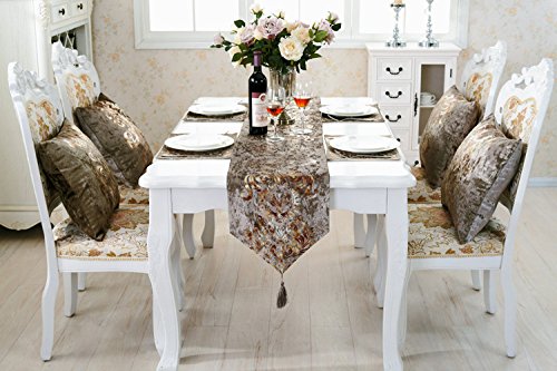 Prior.choice Elegant Luxury Shiny Bronze Velvet Damask Deco Tassels Wedding Party Hotel Restaurant Bed Table Runner Cloth (13Inch X 82Inch) #TOP5