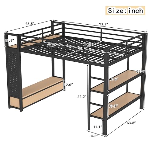 Image of Bellemave Queen Size loft Bed with Wardrobe and Storage Shelves and Pegboard Drawers, Metal Queen Loft Bed Frame for Adults, Kids, Teens, Black