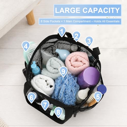 Mesh-Shower-Caddy-Portable-with-9-Pockets-for-College-Dorm-Room-Essentials-Black-Shower-Bag-Dual-Handles-Quick-Dry-Mesh-for-Toiletry-Camping-Swimming-Gym-Beach