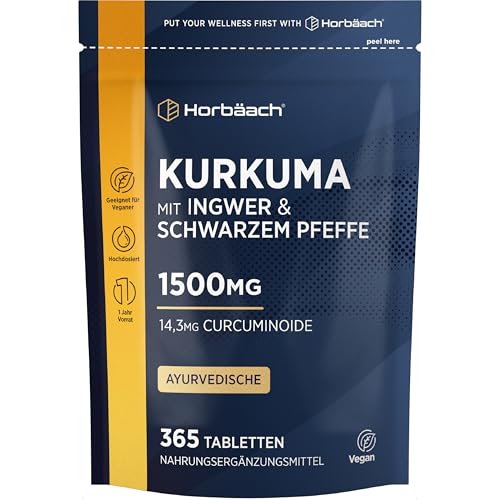 Horbäach - Curcuma Extrakt mit Ingwer und Schwarzem Pfeffer 1500mg | 1 Jahr Vorrat - 365 Vegan Tabletten | Turmeric Complex mit Piperin | Horbaach