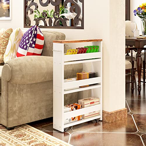 Teamix 4 Tier White Slim Storage Cart With Handle, Slide Out Storage Rolling Utility Cart Mobile Shelving Unit Organizer Trolley For Small Spaces Kitchen Laundry Narrow Places #TOP5