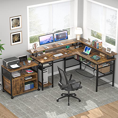 Unikito L Shaped Desk With Led Light And Power Outlet, Reversible Corner Computer Table With Monitor Stand And Storage Shelf, Modern L- Shaped Gaming Desk, Ergonomic Home Office Desk, Rustic Brown #TOP1