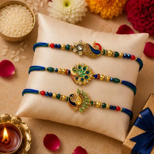 Image of Set of 3 Ganesha & Rudraksha Rakhi for Brother Rakhee for Brothers | Raksha Bandhan Om Rakhi for Brother Rakhi Set with Greeting Card & Roli