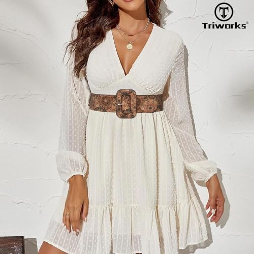 Vintage Floral Boho Print Cork Belt 70s Style For Women's Jean Dress2