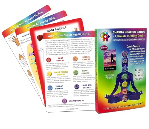 Deck of Chakra Healing Cards Helps Restore and Balance Your Energy with Meditations, Affirmations, Chakras Chart, Aromatherapy, Essential Oils, Reiki Symbols, Hand Mudras - (18) 4'x6' 2-Sided Cards