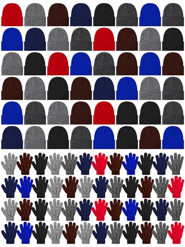 Image of Retisee 96 pcs Kids Winter Beanie and Gloves Set Knit Hat Bulk Unisex Magic Warm Gloves Cap for Boys Girls Homeless Gift(Multicolor)