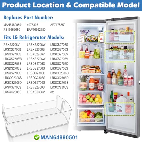 Image of 2PACK UPGRADED MAN64890501 Refrigerator Door Shelf Bin,Compatible with LG Kenmore Refrigerator Shelf Replacement, MAN64890501 Fridge Door Basket LG LHSXS2706S LRSOS2706S LRSXS2706W Door Shelves