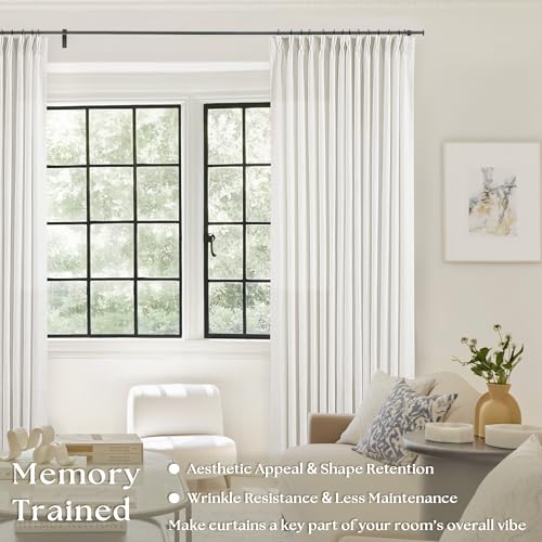 Image of Beige White Linen Curtains 108 Inches Long 2 Panels Set for Living Room Neutral Boho Thick Linen Textured Pinch Pleated Memory Shape Light Filtering Ceiling Semi Sheer Window Curtain Hook Rings Ivory