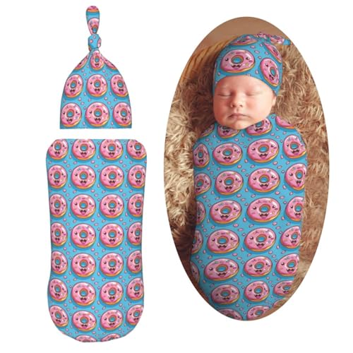 Image of Happy Doughnuts Newborn Swaddle Blankets Hat Sets Soft Baby Receiving Blanket Swaddle Sack for Baby Shower Infant Boy Girl Gift