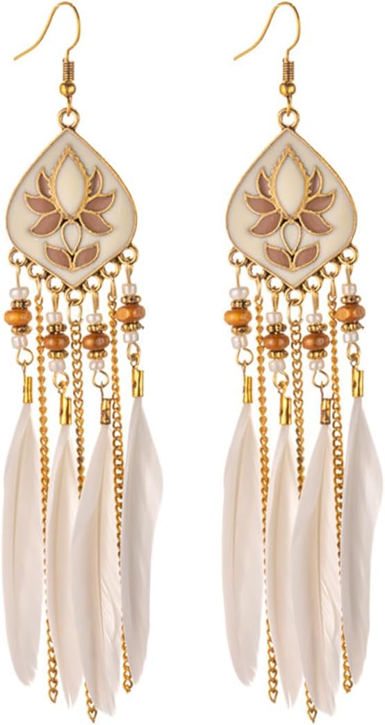 Bohemian Vintage Long Tassel Feather Earrings for Women Handmade Beads Taseel Fashion Earring Multicolor Tassel Feathers Dangle Drop Earrings