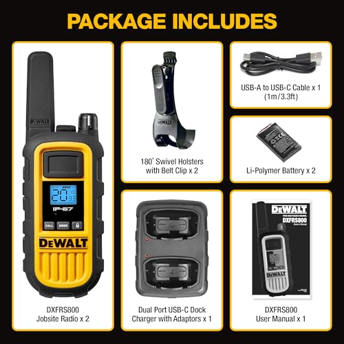 DEWALT DXFRS800 FRS Walkie Talkies, Long Range 2 Way Radio, 2W, IP67 Waterproof, Rechargeable, 2 Pack, DXFRS800 - Image 9