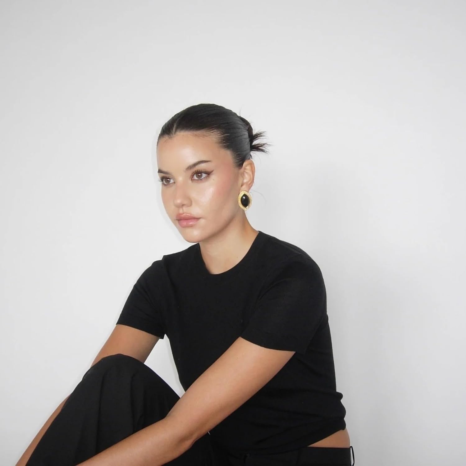 Gold Chunky Statement Earrings for Women, Black onyx Vintage Earrings - Image 4