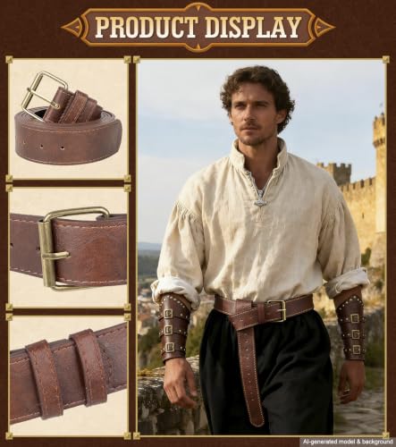 Image of 7PCS Renaissance Accessories - Medieval Belt, Viking Leather Bracers, Belt Pouch & Money Bag for Halloween Cosplay
