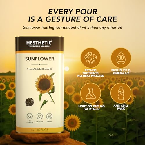 Image of HESTHETIC Premium Edible Cold Pressed Sunflower Oil, 5L, Rich in Healthy Fats, Ideal for Cooking, Frying and Salad Dressings, 100% Pure and Natural, Food Grade Virgin Oil
