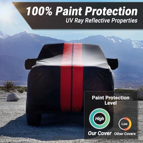 Image of iCarCover Premium Truck Cover for 2017-2026 Ford F-250, F-350 Super Duty, Super Cab, 6.8 ft. Regular Bed w /Trailer Mirror Pocket Heavy Duty Custom Fit Exterior Protection Covers (Stripe - Black /Red)