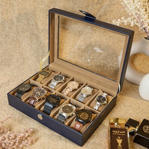 Image of Leather World Faux Leather Watch Box Organizer For Men & Women - Wrist Watch Box Holder 10 Slots - Removable Pillows Display Case - Gift for Loved Ones - Blue