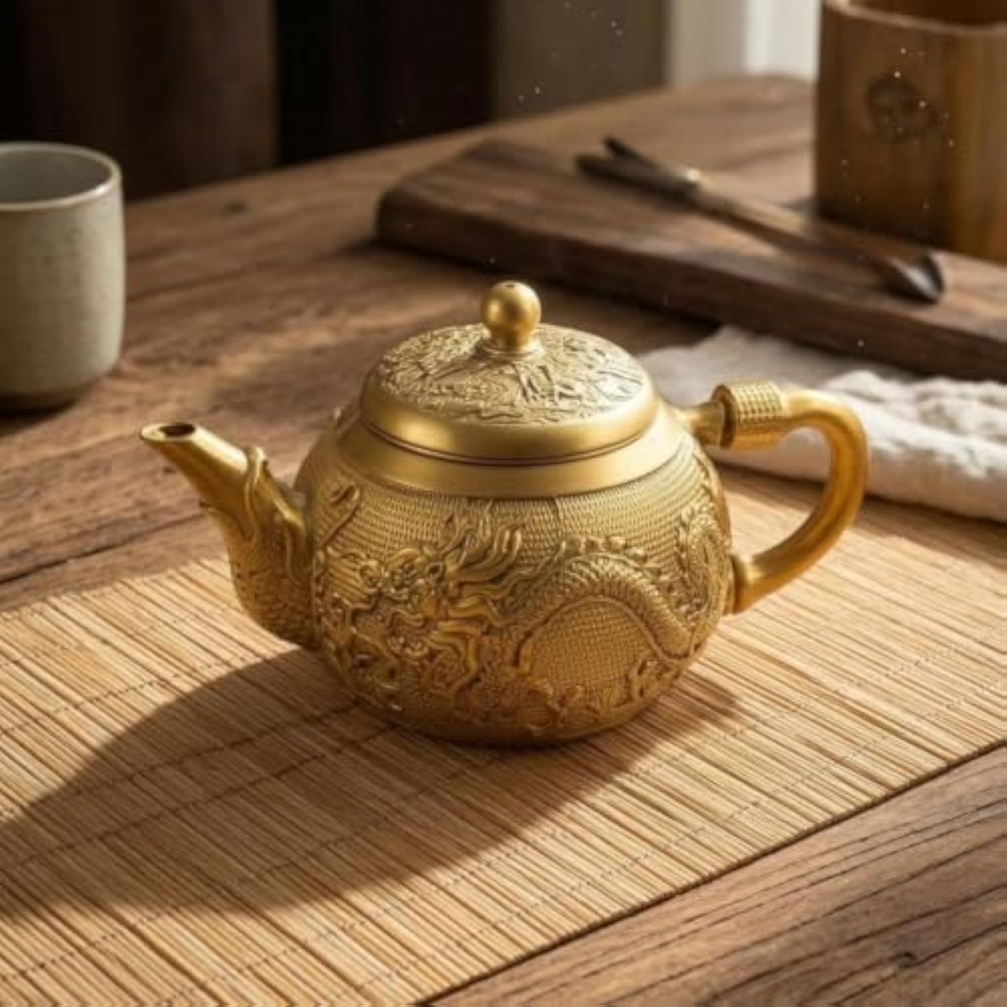 Gold-Colored Dragon and Phoenix Tea Pot, Textured Design