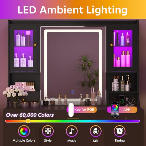 Image of CSZZD Makeup Vanity Desk with Mirror and Lights, Black Vanity Table Set with Charging Station, Dressing Table with RGB Cabinets, Makeup Vanity Mirror with Light Desk and Drawers, 3 LED Light Modes