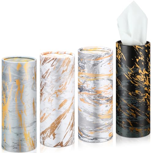 Image of Thenshop 4 Pack Car Tissue Holder 3 Ply Facial Tissue Bulk Marble Modern Tissues Cylinder Travel Round Boxes Fits Car Cup Holders Small Tissues Container for Home Bathroom Everyday Refill