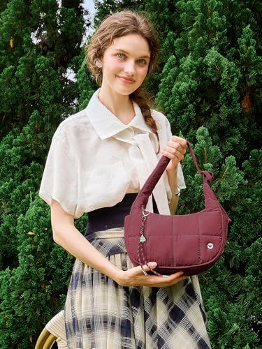 Image of WESTBRONCO Small Puffer Crescent Shoulder Bag for Women, Nylon Quilted Shoulder Purses, Puffy Handbags with Adjustable Strap