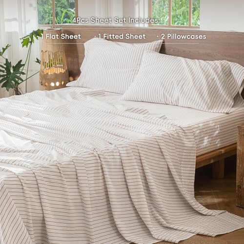 Image of MooMee Striped Sheet Set 100% Washed Cotton Linen Like Queen