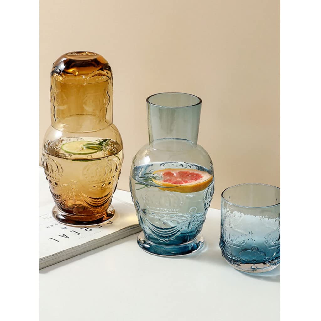 HASMI Wasserkaraffe für den Nachttisch Retro-geprägtes Kronenglas, kalter Wasserkocher, Nachtwasserkaraffe mit Tumbler, Gläser, Tassen-Set, Flasche, Teetasse, Saft, Getränk, Topf, Krug