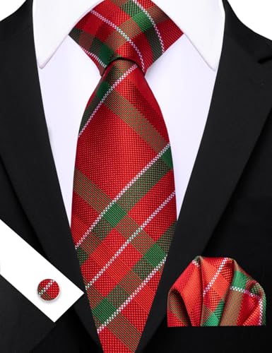 Image of Barry.Wang Plaid Ties Check Mens Necktie Set with Handkerchief Cufflinks Classic Stripe