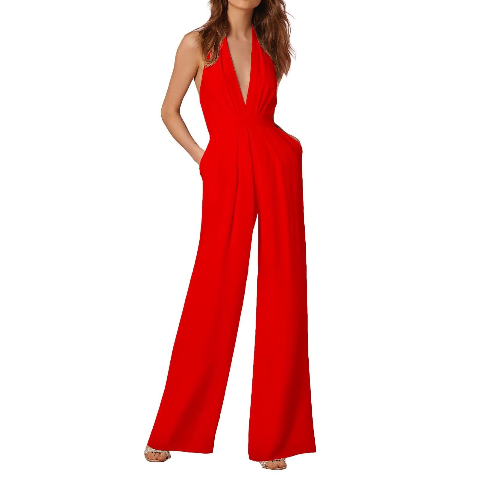 L9WEI Mono para mujer, sin mangas, cuello en V, traje de pantalón para fiesta, monocolor, elegante, largo y pierna ancha, una pieza, 01# rojo., XXL