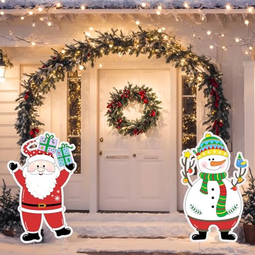 35 Inches Christmas Yard Signs with Stakes, 2 Set Outdoor Christmas Decorations for Garden, Holiday New Year Winter Home Outside Decor Snowman and Santa Claus Metal Stakes for Front Door Lawn Patio