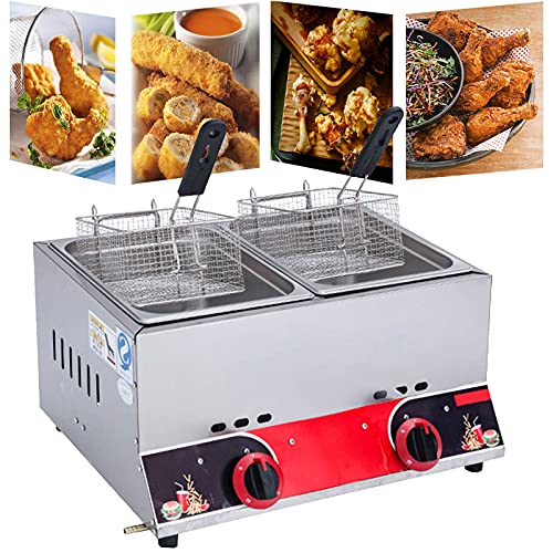 Freidora de gas, freidora doble con capacidad de 22 L, acero inoxidable, cestas extraíbles, potencia de fuego ajustable, fácil de limpiar