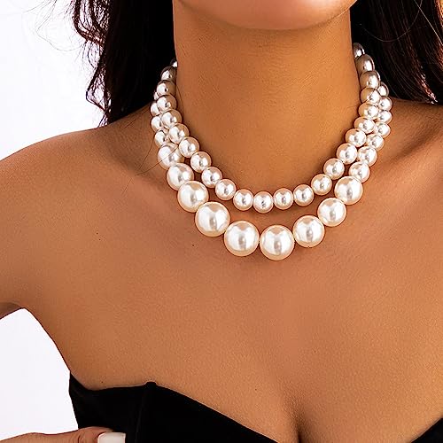 Wiwpar 2PCS Women's Chunky Large Multi-Strand Pearl Bridal Necklace Vintage 1920s Large Pearl Collar Choker for Wedding Party Jewelry 20s Flapper (Style1)2