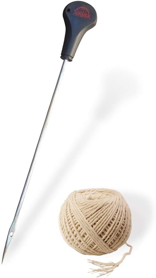 SpitJack Meat 12 Inch Trussing Needle and Butchers Cooking Twine Kit for Sewing Up Whole Hog, Pig, Roasting Chicken and Turkey. 12 Inch SS Needle and 185 Feet of Cotton Kitchen String.
