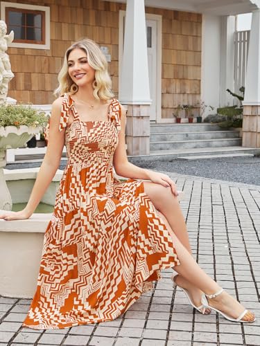 Image of BROVAVE Women Summer Floral Dress: Casual Square Neck Flowy Boho Beach Midi Sundress Sleeveless Tie Shoulder Vacation Daily