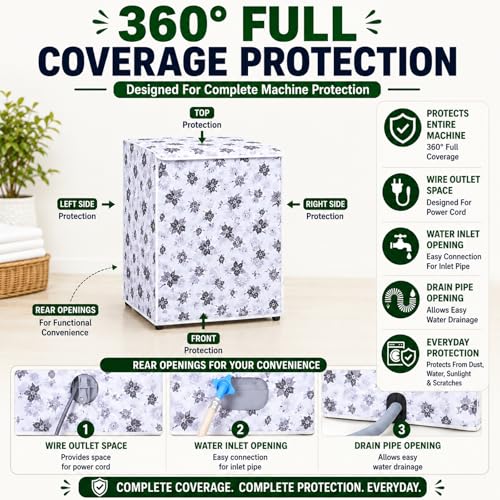 Image of DALUCI Top Load Fully Automatic Washing Machine Cover | Waterproof & Dustproof Polyester Fabric with Zipper | Protective Cover for Washing Machine (White & Grey, 59X59X86 CM)