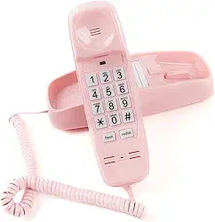 Telefone fixo com fio, volume alto, luz intermitente e botão grande, montado na mesa e na parede, rosa