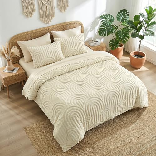 Image of Nesker Boho Queen Comforter Set, 7 Pcs Tufted Beige Bedding Sets, Soft Cozy Chic Bed in a Bag, Arch Pattern Shabby Bed Set All Season with Comforter, Fitted Sheet, Flat Sheet & Pillowcases