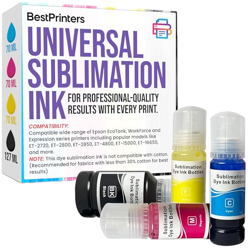 Best Printers Sublimation Ink Universal (BK) 127ml & (CMY) 70ml for All Dye Based Ink Models ET-2800 ET-2700 ET-2750 ET-4800 ET-2400 ET-15000 Heat Press Transfer on Mugs, T-Shirts, Anti-UV ICC-Free