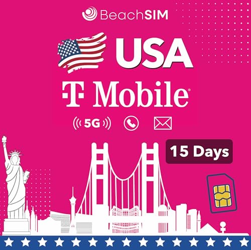 BeachSIM Carta SIM USA 15 Giorni | Dati Illimitati, Chiamate & SMS | Rete T-Mobile | Scheda...