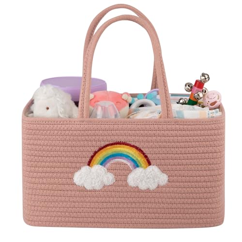 Image of OIAHOMY Large Baby Diaper Caddy Organizer, Portable Basket with Handles, Diaper Storage for Changing Table and Car, Rainbow-Rose Gold
