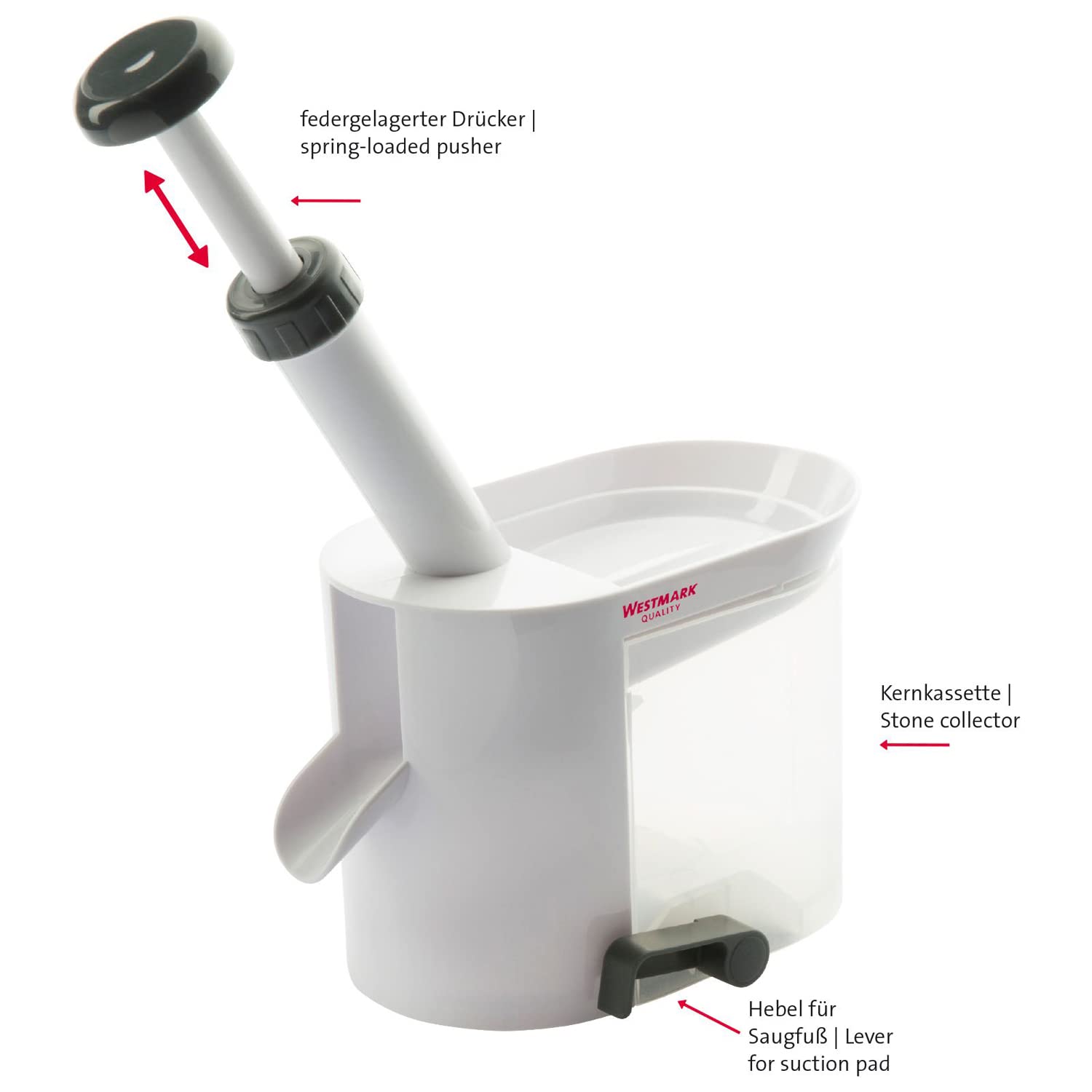 Westmark Descorazonadora de cerezas con tolva y caja para huesos, 4 piezas, Plástico/acero inoxidable, Blanco/Antracita