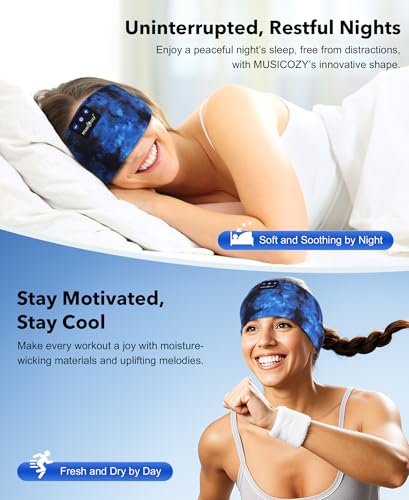 MUSICOZY Sleep Headphones Bluetooth 5.4 Headband, Wireless Earphones Sweat Resistant Earbuds with Ultra-Thin HD Stereo Speaker for Workout Running(Tie-dye Blue)