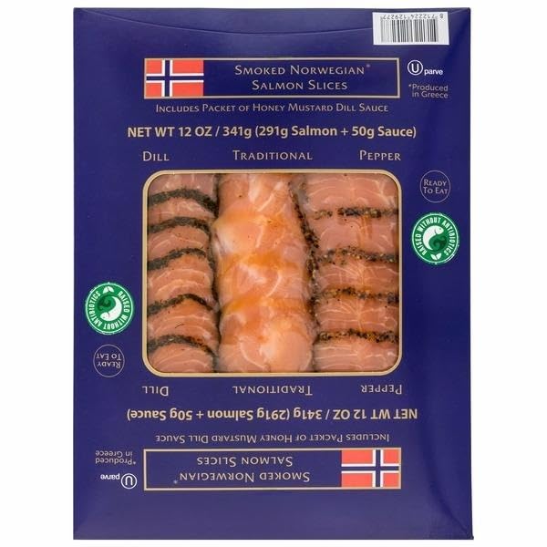 Norwegian Smoked Salmon Slices , Is Carefully Trimmed, Dry Salted, And Gently Smoked Over Alder Wood To Deliver A Distinct Flavor With A Smooth Texture And A Subtle Taste Of Smoke. Certified Kosher , Ingredients: Steelhead Salmon, Salt, Sugar, Natural Wood Smoke . [ 12 Oz , 0.75 Lb ]