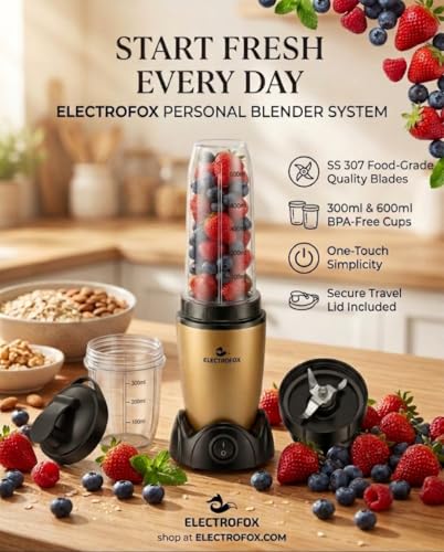 Image of Electrofox Blendo+ 2 Jar Bullet Nutri 750 W Juicer Mixer Grinder For Smoothies, Juice and Protein Shake (2 Jar Nutri Blender | 2 Jars | Golden) 2 Year Warranty